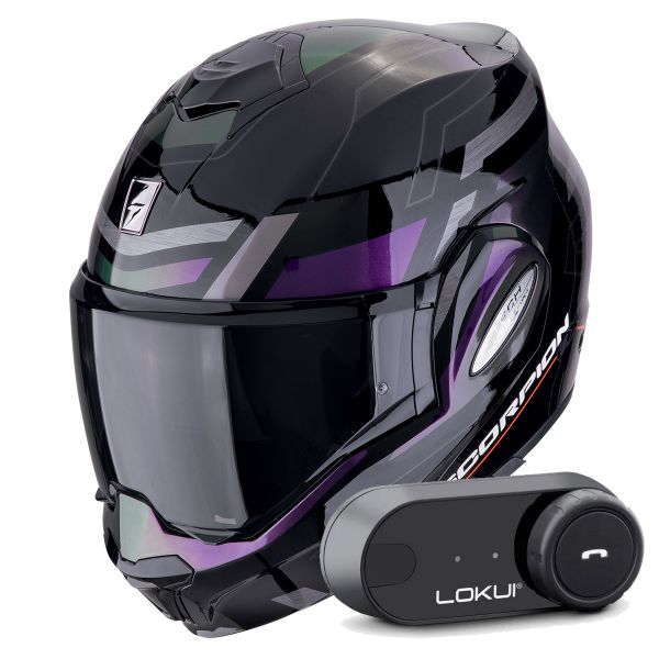 Casque Modulable Scorpion Exo Tech Evo Conquer Black Chameleon + Kit Bluetooth Lokui K30