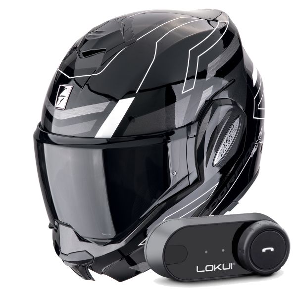 Casque Modulable Scorpion Exo Tech Evo Conquer Black White + Kit Bluetooth Lokui K30