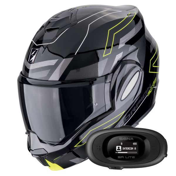 Casque Modulable Scorpion Exo Tech Evo Conquer Black Yellow Fluo + Kit bluetooth 5R Lite Solo Casque Modulable Scorpion Exo Tech Evo Conquer Black Yellow Fluo + Kit bluetooth 5R Lite Solo