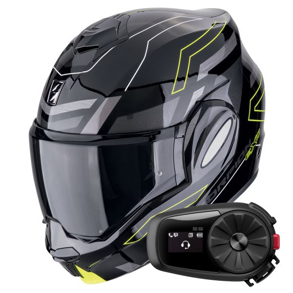 Casque Modulable Scorpion Exo Tech Evo Conquer Black Yellow Fluo + Kit Bluetooth 5S Solo Casque Modulable Scorpion Exo Tech Evo Conquer Black Yellow Fluo + Kit Bluetooth 5S Solo