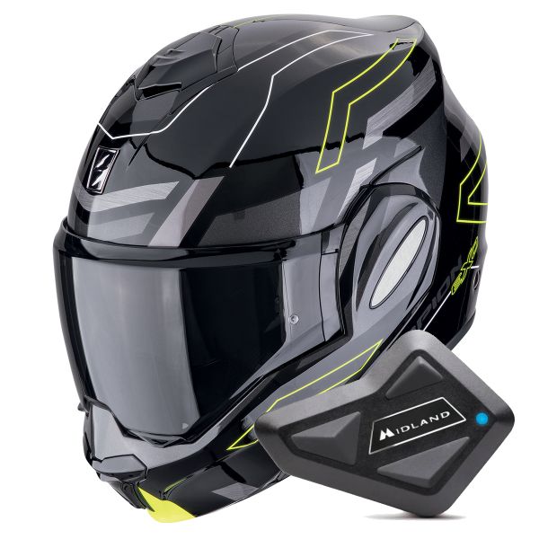 Casque Modulable Scorpion Exo Tech Evo Conquer Black Yellow Fluo + Kit Bluetooth BT Mini Casque Modulable Scorpion Exo Tech Evo Conquer Black Yellow Fluo + Kit Bluetooth BT Mini