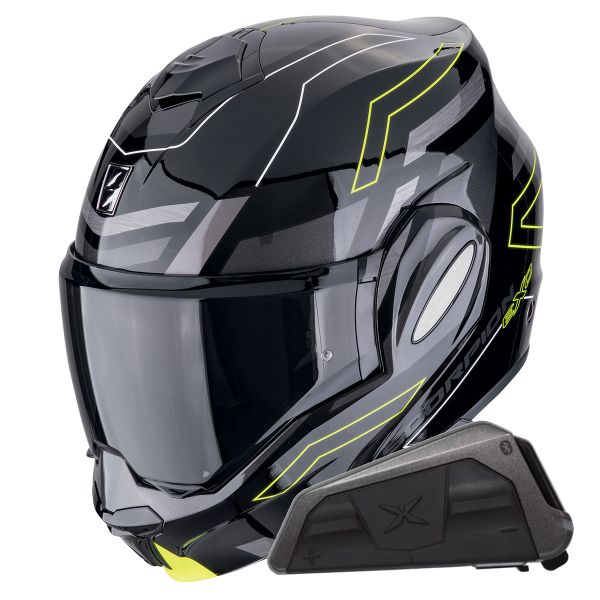 Casque Modulable Scorpion Exo Tech Evo Conquer Black Yellow Fluo + Kit bluetooth Exo-Com Link-1 Casque Modulable Scorpion Exo Tech Evo Conquer Black Yellow Fluo + Kit bluetooth Exo-Com Link-1