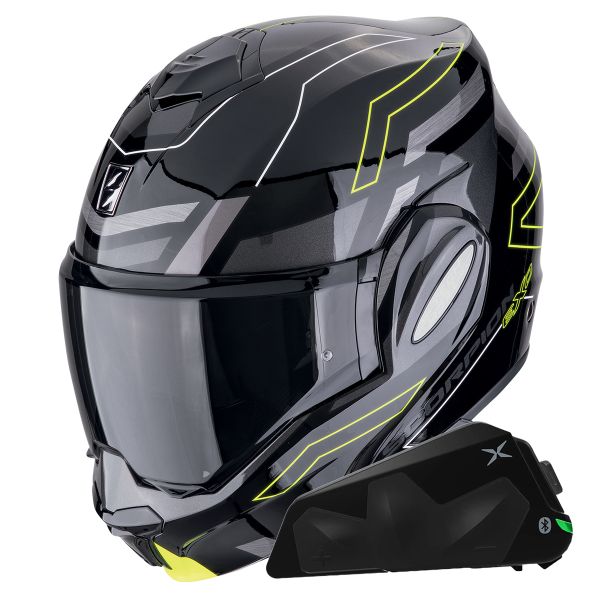 Casque Modulable Scorpion Exo Tech Evo Conquer Black Yellow Fluo + Kit bluetooth Exo-Com Link-1C Casque Modulable Scorpion Exo Tech Evo Conquer Black Yellow Fluo + Kit bluetooth Exo-Com Link-1C