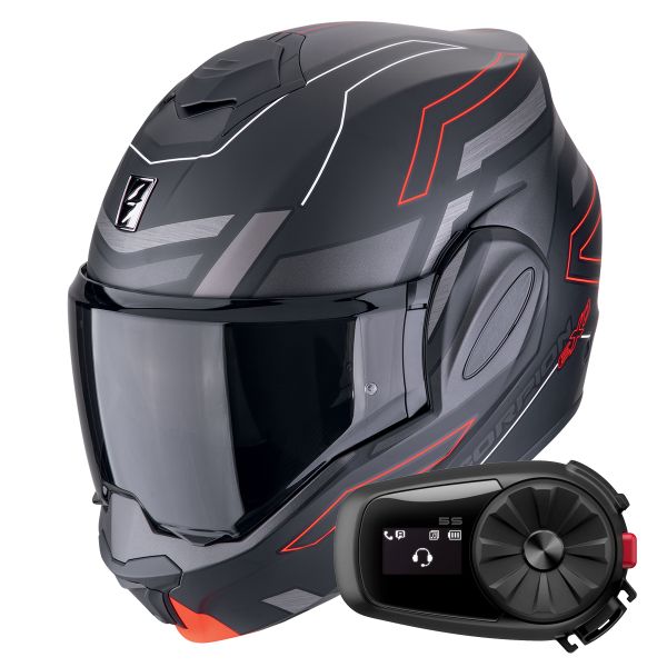 Casque Modulable Scorpion Exo Tech Evo Conquer Matt Black Red + Kit Bluetooth 5S Solo
