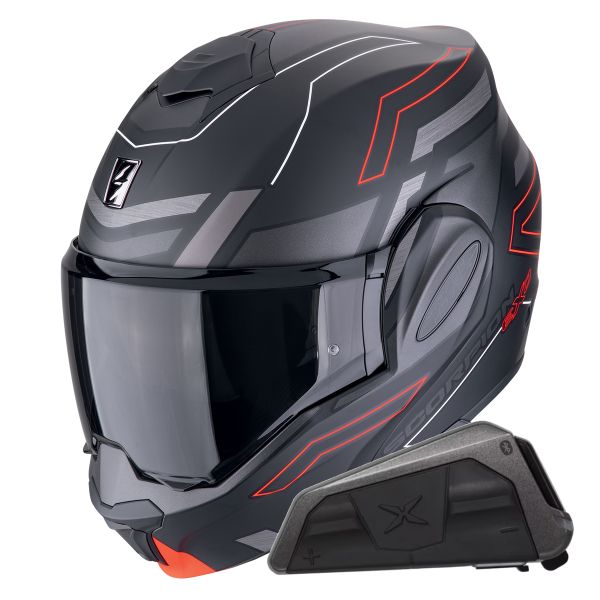Casque Modulable Scorpion Exo Tech Evo Conquer Matt Black Red + Kit bluetooth Exo-Com Link-1