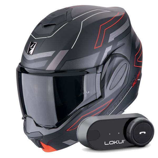Casque Modulable Scorpion Exo Tech Evo Conquer Matt Black Red + Kit Bluetooth Lokui K30