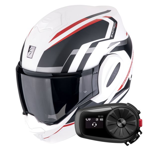 Casque Modulable Scorpion Exo Tech Evo Furio Matt White Black Red + Kit Bluetooth 5S Solo