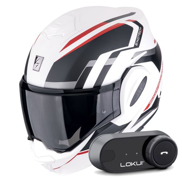 Casque Modulable Scorpion Exo Tech Evo Furio Matt White Black Red + Kit Bluetooth Lokui K30