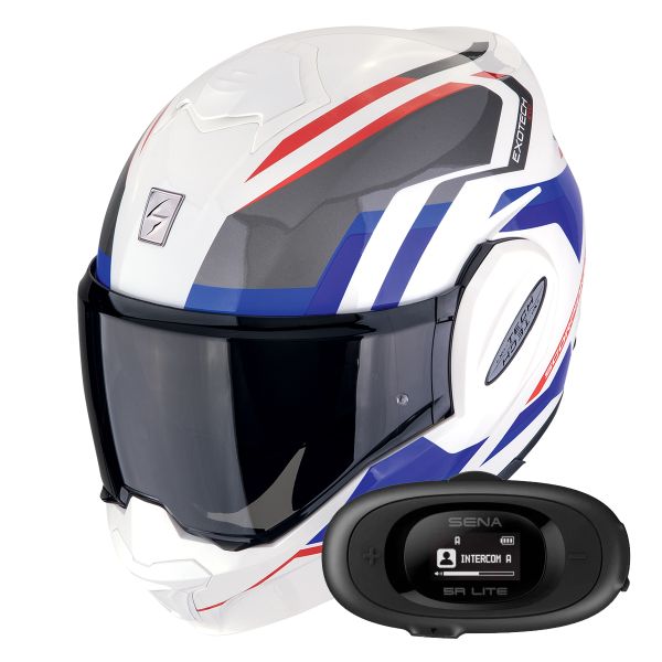 Casque Modulable Scorpion Exo Tech Evo Furio White Red Blue + Kit bluetooth 5R Lite Solo
