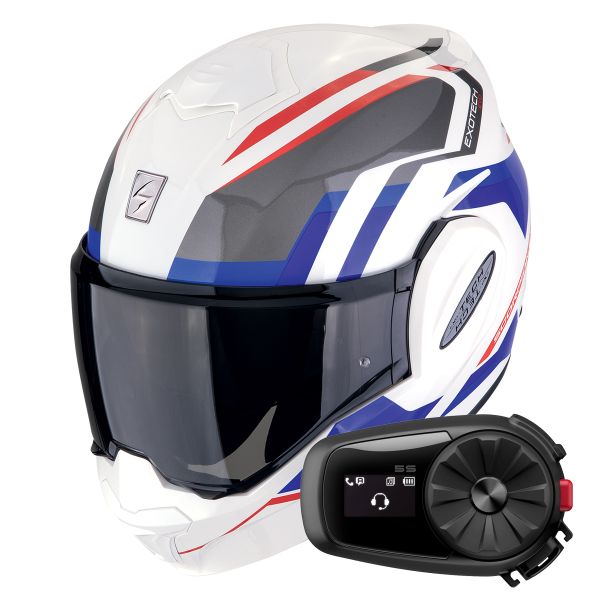 Casque Modulable Scorpion Exo Tech Evo Furio White Red Blue + Kit Bluetooth 5S Solo