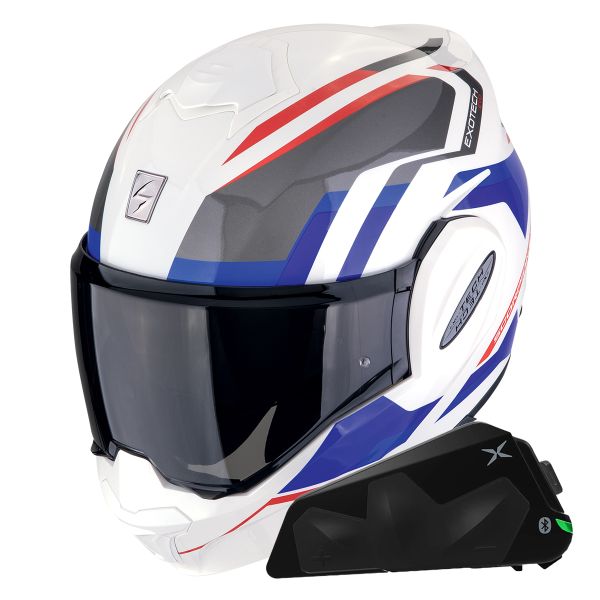 Casque Modulable Scorpion Exo Tech Evo Furio White Red Blue + Kit bluetooth Exo-Com Link-1C