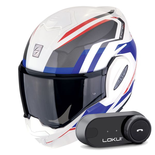 Casque Modulable Scorpion Exo Tech Evo Furio White Red Blue + Kit Bluetooth Lokui K30