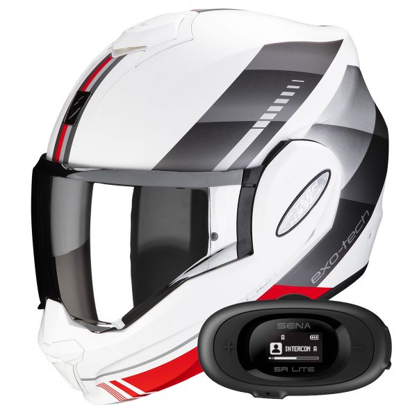 Casque Modulable Scorpion Exo Tech Evo Genre Matt White Silver Red + Kit bluetooth 5R Lite