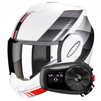 Casque Modulable Scorpion Exo Tech Evo Genre Matt White Silver Red + Kit Bluetooth 5S