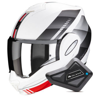 Casque Modulable Scorpion Exo Tech Evo Genre Matt White Silver Red + Kit Bluetooth BT Mini