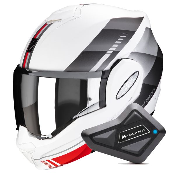 Casque Modulable Scorpion Exo Tech Evo Genre Matt White Silver Red + Kit Bluetooth BT Mini
