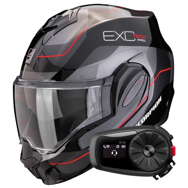 Casque Modulable Scorpion Exo Tech Evo Pro Commuta Black Silver Red + Kit Bluetooth 5S