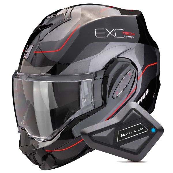 Casque Modulable Scorpion Exo Tech Evo Pro Commuta Black Silver Red + Kit Bluetooth BT Mini