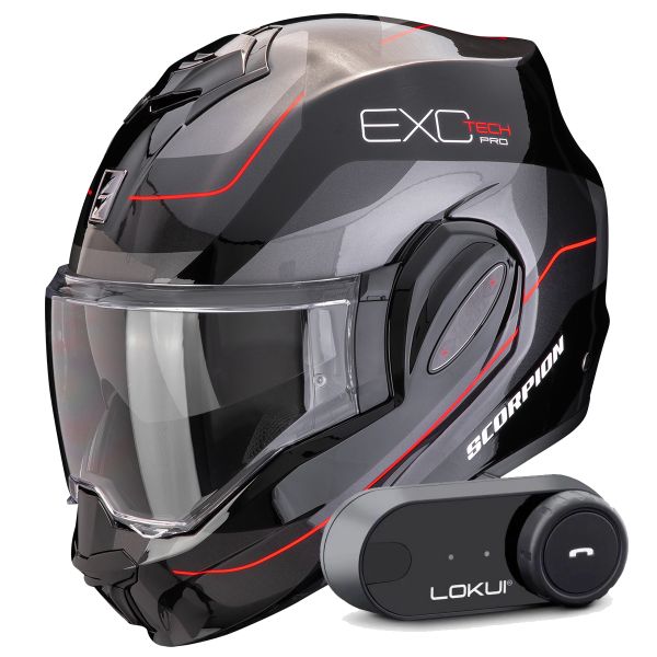 Casque Modulable Scorpion Exo Tech Evo Pro Commuta Black Silver Red + Kit Bluetooth Lokui K30