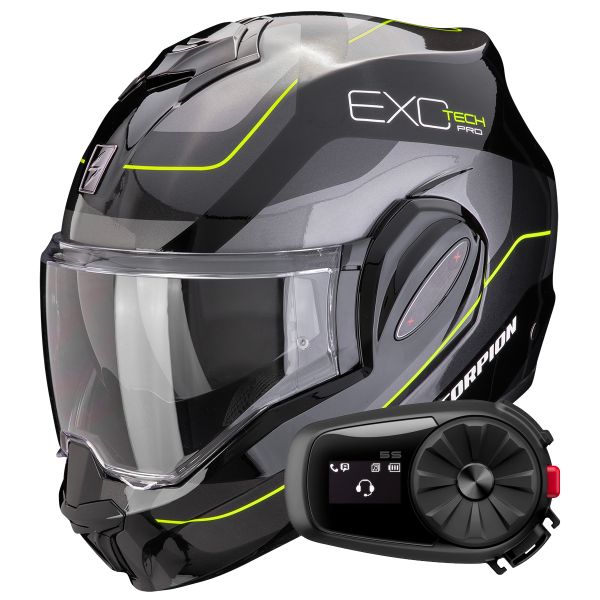 Casque Modulable Scorpion Exo Tech Evo Pro Commuta Black Silver Yellow + Kit Bluetooth 5S