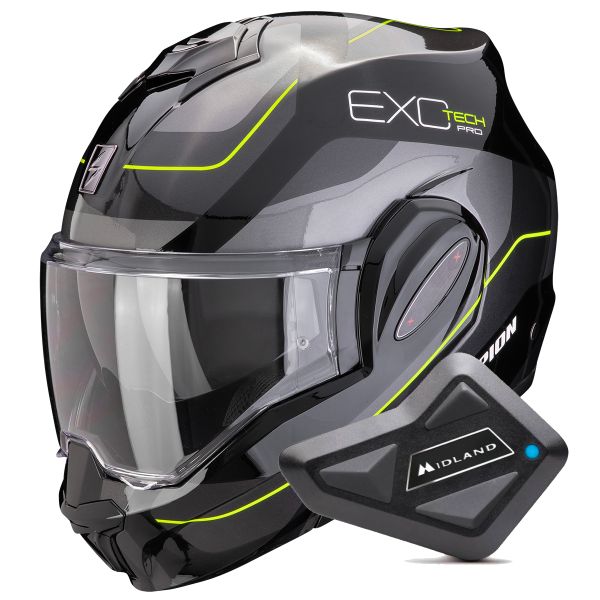 Casque Modulable Scorpion Exo Tech Evo Pro Commuta Black Silver Yellow + Kit Bluetooth BT Mini