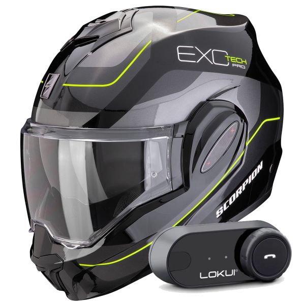 Casque Modulable Scorpion Exo Tech Evo Pro Commuta Black Silver Yellow + Kit Bluetooth Lokui K30