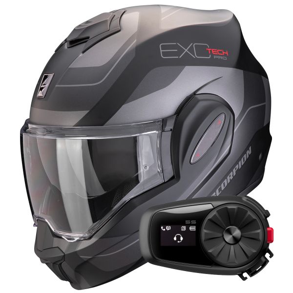 Casque Modulable Scorpion Exo Tech Evo Pro Commuta Matt Black Silver + Kit Bluetooth 5S