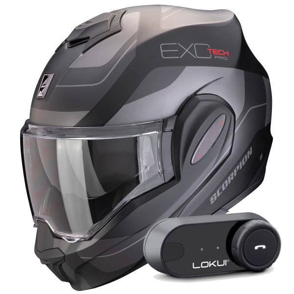 Casque Modulable Scorpion Exo Tech Evo Pro Commuta Matt Black Silver + Kit Bluetooth Lokui K30