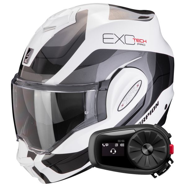 Casque Modulable Scorpion Exo Tech Evo Pro Commuta White Silver + Kit Bluetooth 5S