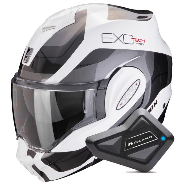 Casque Modulable Scorpion Exo Tech Evo Pro Commuta White Silver + Kit Bluetooth BT Mini