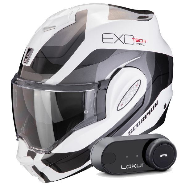 Casque Modulable Scorpion Exo Tech Evo Pro Commuta White Silver + Kit Bluetooth Lokui K30