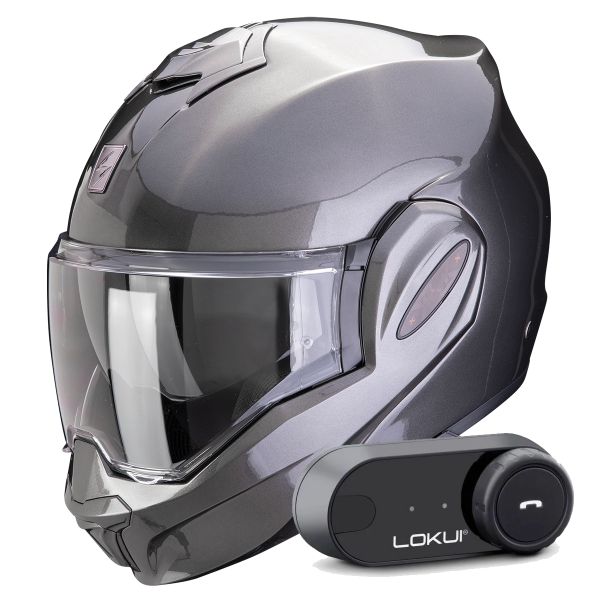 Casque Modulable Scorpion Exo Tech Evo Pro Solid Grey + Kit Bluetooth Lokui K30