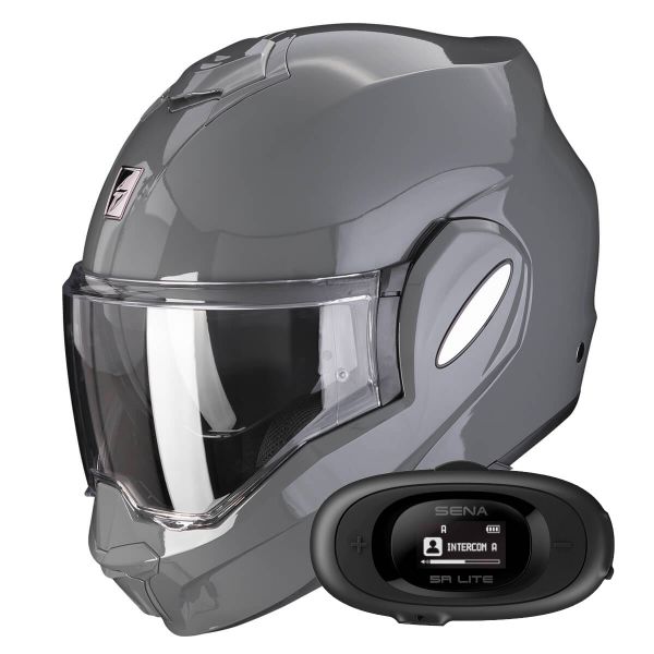 Casque Modulable Scorpion Exo Tech Evo Solid Cement Grey + Kit bluetooth 5R Lite Casque Modulable Scorpion Exo Tech Evo Solid Cement Grey + Kit bluetooth 5R Lite