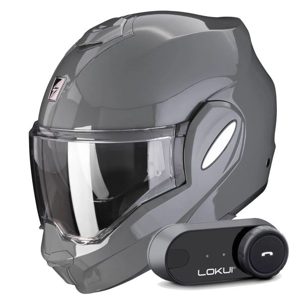 Casque Modulable Scorpion Exo Tech Evo Solid Cement Grey + Kit Bluetooth Lokui K30