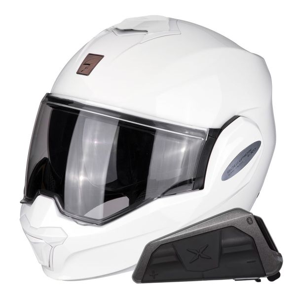 Casque Modulable Scorpion Exo Tech Evo Solid White + Kit bluetooth Exo-Com Link-1