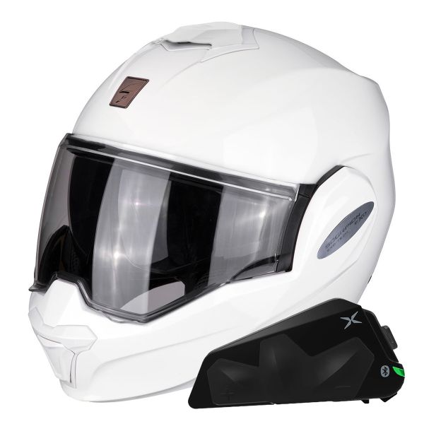 Casque Modulable Scorpion Exo Tech Evo Solid White + Kit bluetooth Exo-Com Link-1C