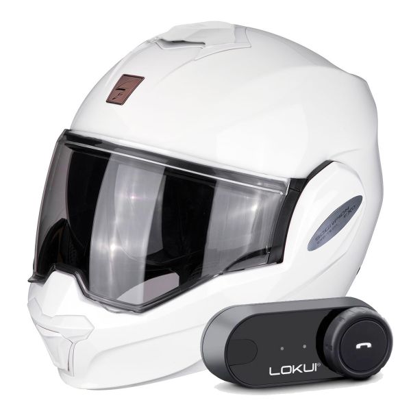 Casque Modulable Scorpion Exo Tech Evo Solid White + Kit Bluetooth Lokui K30