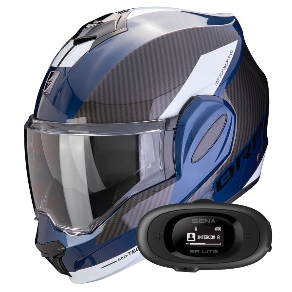 Casque Modulable Scorpion Exo Tech Evo Team Blue Black White + Kit bluetooth 5R Lite Solo