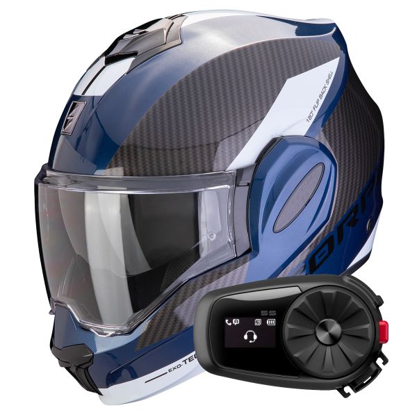 Casque Modulable Scorpion Exo Tech Evo Team Blue Black White + Kit Bluetooth 5S Solo