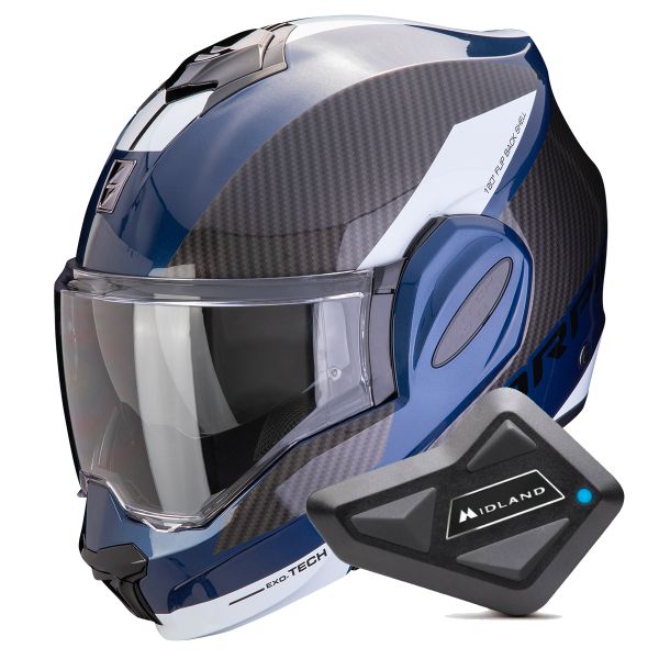 Casque Modulable Scorpion Exo Tech Evo Team Blue Black White + Kit Bluetooth BT Mini