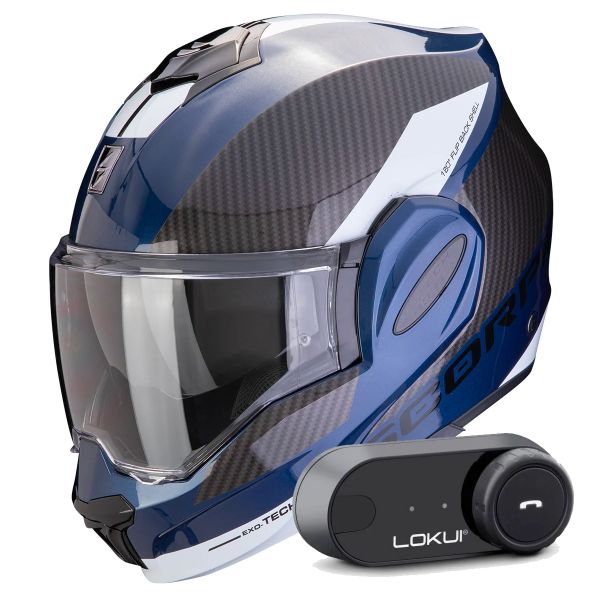 Casque Modulable Scorpion Exo Tech Evo Team Blue Black White + Kit Bluetooth Lokui K30