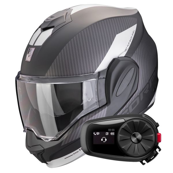 Casque Modulable Scorpion Exo Tech Evo Team Matt Black Silver + Kit Bluetooth 5S Solo