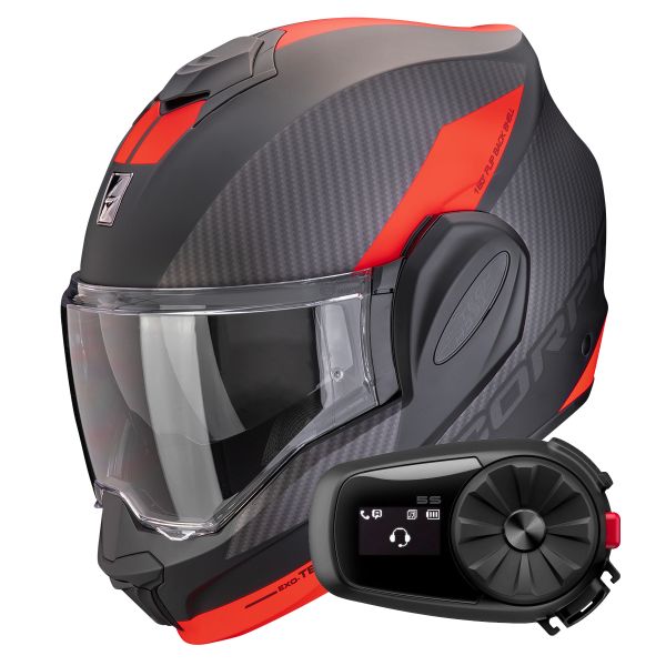 Casque Modulable Scorpion Exo Tech Evo Team Matt Black Silver Red + Kit Bluetooth 5S Solo