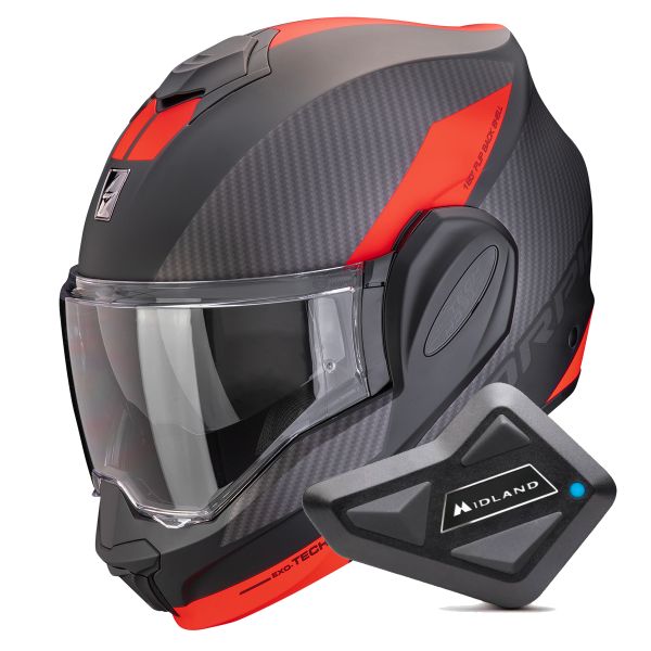 Casque Modulable Scorpion Exo Tech Evo Team Matt Black Silver Red + Kit Bluetooth BT Mini