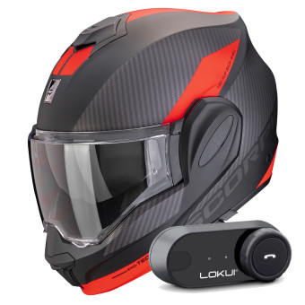 Casque Modulable Scorpion Exo Tech Evo Team Matt Black Silver Red + Kit Bluetooth Lokui K30