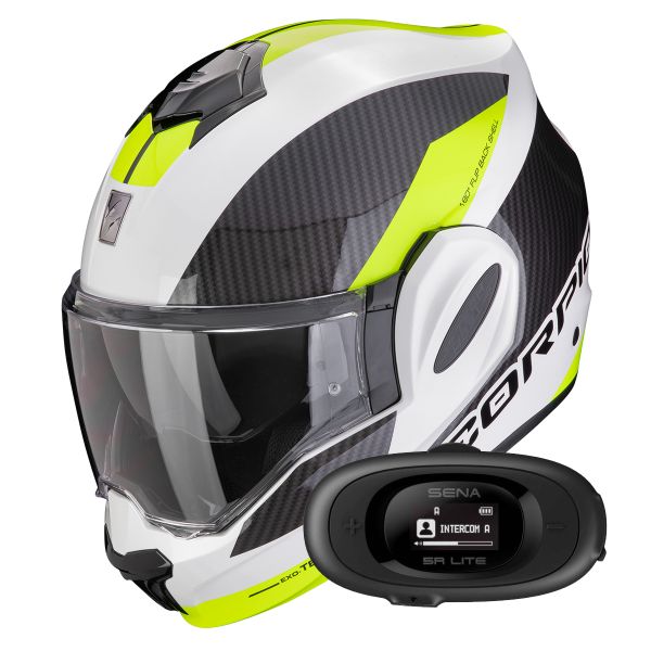 Casque Modulable Scorpion Exo Tech Evo Team White Yellow Fluo + Kit bluetooth 5R Lite Solo