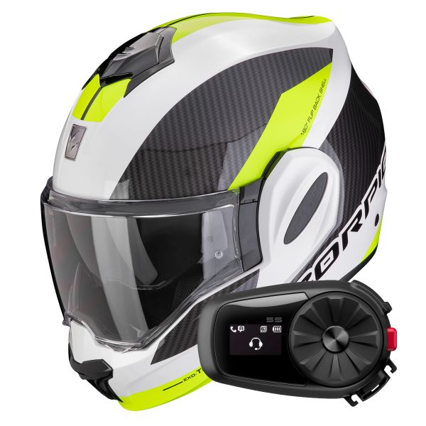Casque Modulable Scorpion Exo Tech Evo Team White Yellow Fluo + Kit Bluetooth 5S Solo