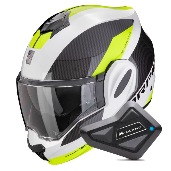 Casque Modulable Scorpion Exo Tech Evo Team White Yellow Fluo + Kit Bluetooth BT Mini