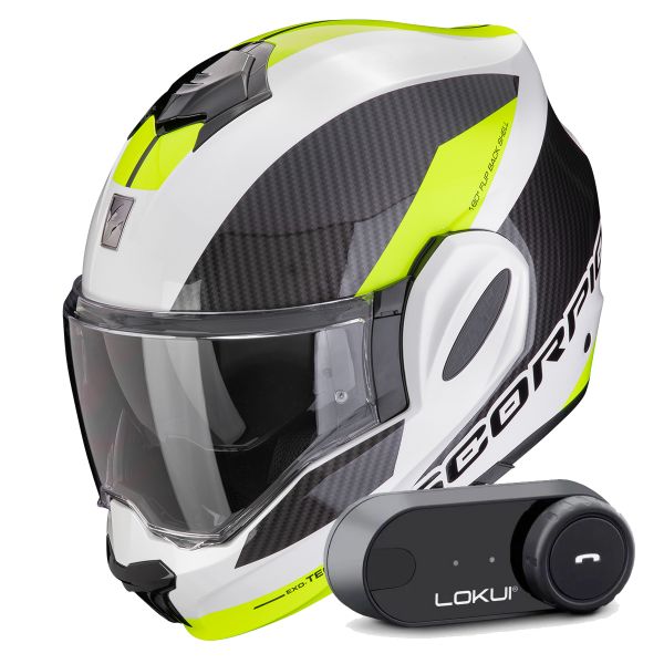 Casque Modulable Scorpion Exo Tech Evo Team White Yellow Fluo + Kit Bluetooth Lokui K30