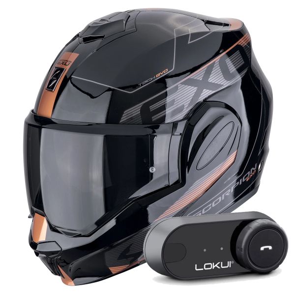 Casque Modulable Scorpion Exo Tech Evo Traveller Black Copper + Kit Bluetooth Lokui K30